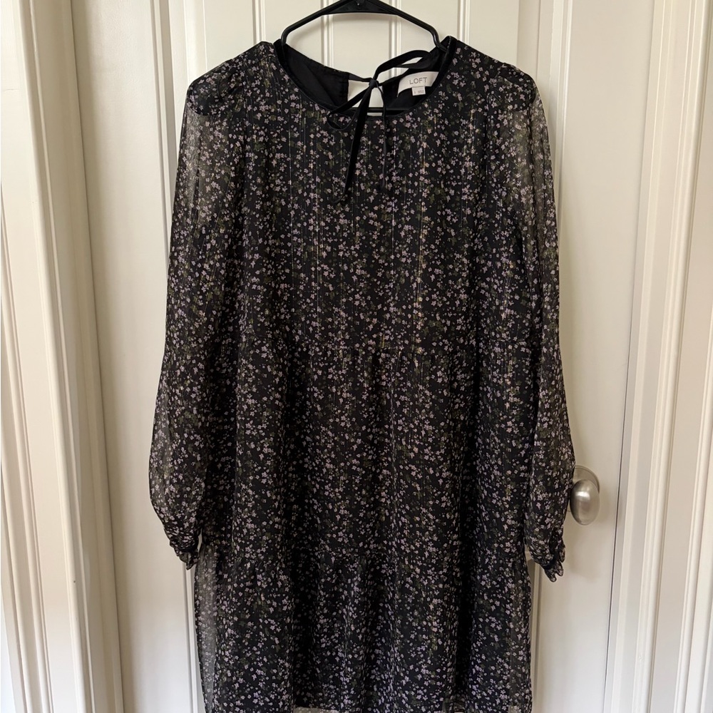 LOFT Black and Pink Floral Long Sleeve Dress